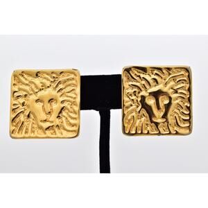 Anne Klein Vintage Lion Clip On Earrings Square Gold Chunky Unsigned 1980s BinAF